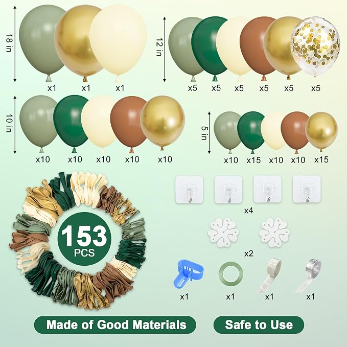 Amandir 153pcs Green Brown Balloon Garland Arch Kit Different Sizes | 18 12 10 - Image 2