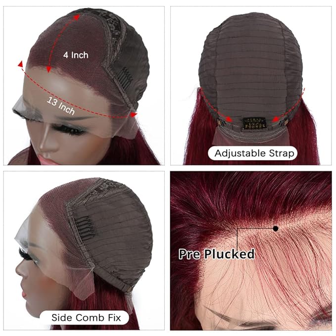 Burgundy 99J Lace Front Wigs Human Hair Pre Plucked Wine Red 13x4 Straight Lace Frontal Wig with Baby Hair for Black Women 150% Density Wig Colored Brazilian Virgin Hair Wig 14 Inch