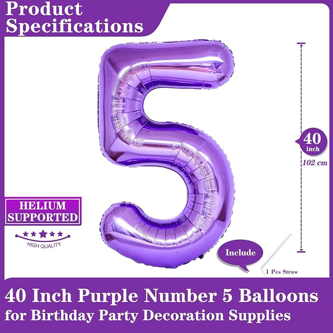 Purple Number 5 Balloons, 40 Inch Giant Number Balloons Foil Mylar Helium - Image 2