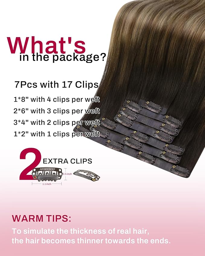 Moresoo Seamless Clip in Hair Extensions Human Hair Balayage Brown to Blonde Human Hair Extensions Clip ins Dark Brown to Light with Dark Honey Blonde Invisible for Women Thick 135g/7pcs 20in
