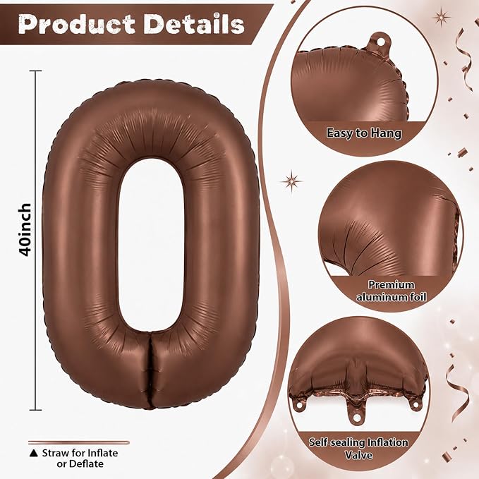 40 Inch Dark Brown Numbers Balloons 0-9, Self Inflating Chocolate Brown Foil - Image 2