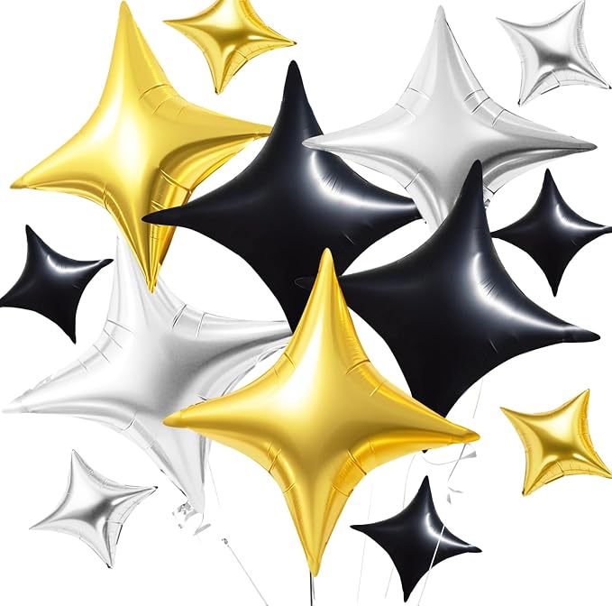 TONIFUL 30Pcs Four Pointed Star Balloon Black Gold Silver Foil Balloon | by TONIFUL