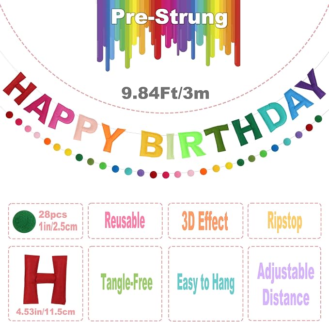 Pre-Strung 3D Felt Happy Birthday Banner, Rainbow Birthday Decoration | Reusable - Image 2