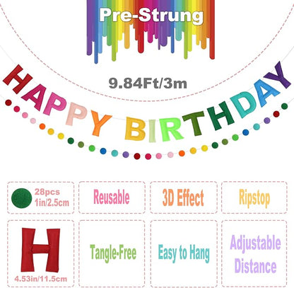 Pre-Strung 3D Felt Happy Birthday Banner, Rainbow Birthday Decoration | Reusable - Image 2