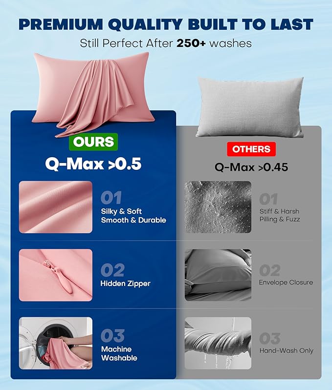 Ultra-Chill Cooling Pillowcase Set of 2 for Hot Sleepers, Softer Than Silk Pillow Cases for Protecting Hair & Skin, Breathable Bed Pillow Covers w/Zipper, Gifts for Women & Men (Pink, Standard)
