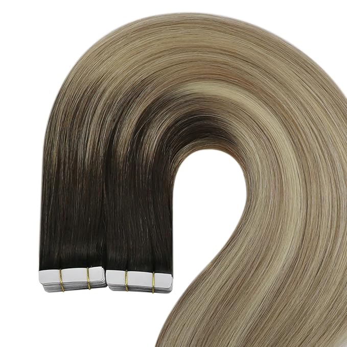 YoungSee Tape in Hair Extensions Real Human Hair Brown to Blonde Invisible Tape in Ombre Hair Extensions for Women Tape-ins Human Hair Extension Balayage Brown Ombre Blonde Easy to Put 16in 20pcs 50g
