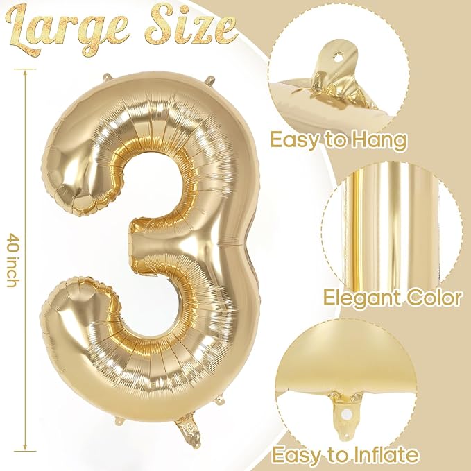 Champagne Gold Large Number 3 Balloon, 40 Inch Light Gold Foil Helium Number - Image 3