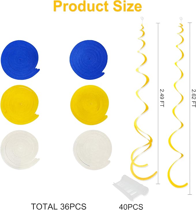 36 Pcs Royal Blue Yellow White Hanging Swirl Decoration Felt Swirl Streamer - Image 2