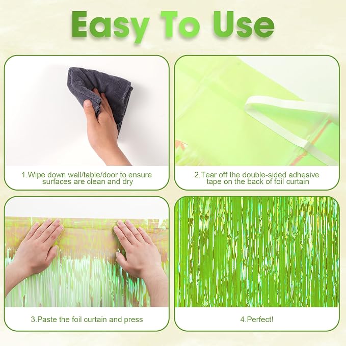 Voircoloria Green Iridescent Fringe Backdrop Curtains, 2 Pack | Tinsel Streamers - Image 4