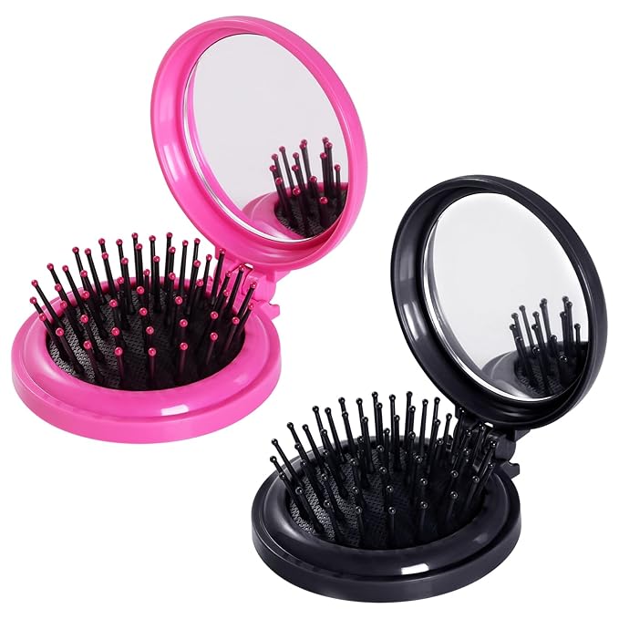 2pcs Folding Travel Mirror Hair Brushes Round Mirror Pocket Hair Brush Portable Mini Pop Up Hair Brushes for Women Girls Wet and Dry Hair