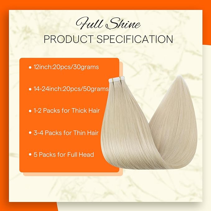 Full Shine Tape in Hair Extensions 24 Inch Tape in Color 60 Blonde Double Sided Hair Extensions Seamless Real Human Hair 20 Pcs 50 Gram Straight Add Length for Women Natural