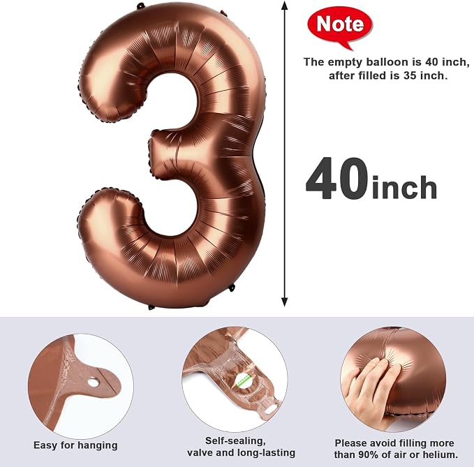 40 Inch Number 3 Balloon, Coffee Brown Birthday Decorations - Image 6
