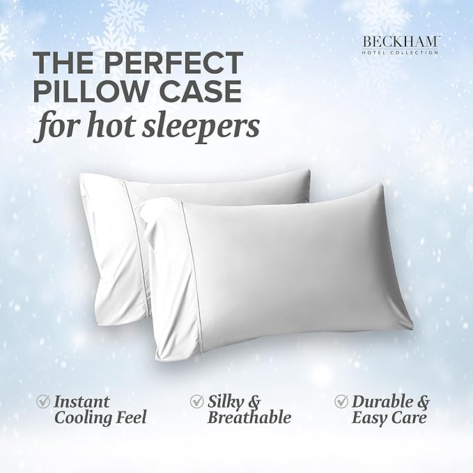 Beckham Hotel Collection Cooling Pillowcases for Hot Sleepers, Standard/Queen Size Set of 2, Cool Bedding, Envelope Closure, Silky Soft, Breathable, Moisture-Wicking, White