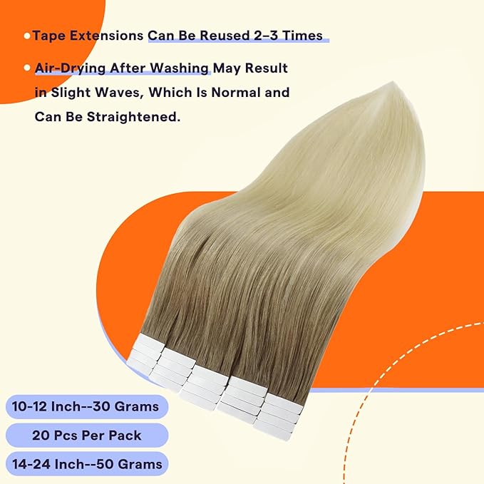 Full Shine Tape in Hair Extensions 18 Inch Color 3 and 8 Brown Fading to 613 Bleach Blonde Balayage Hair Extensions Real Human Hair Tape in for Women 50g Seamless Skin Weft Remy Hair 20PCS Add Volume