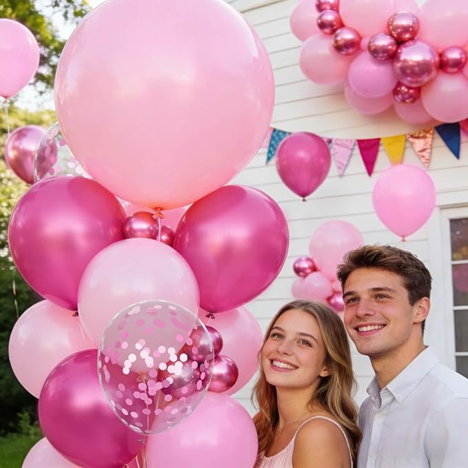 153pcs Pink Balloon Arch Garland Kit, Hot Pink Latex Balloons Metallic Confetti - Image 6