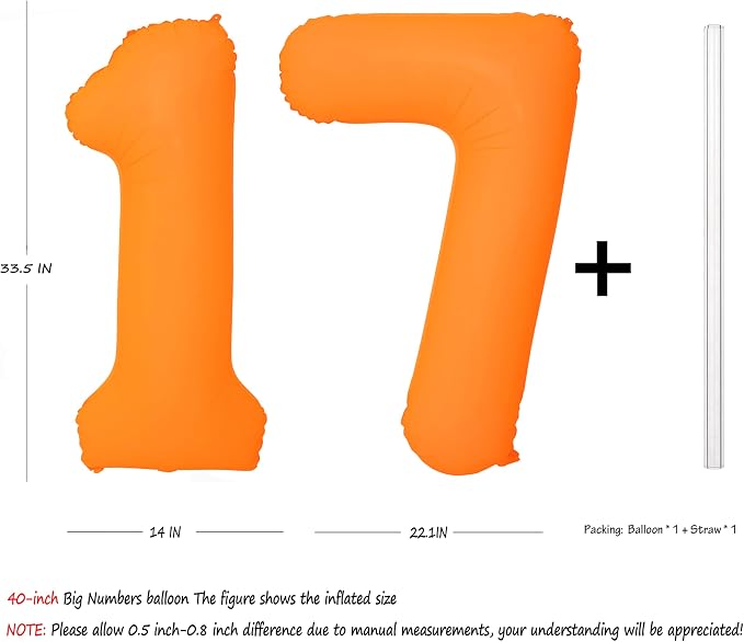 Orange Birthday Number 17 Balloon 40IN Fluorescent Orange 71 Balloon | - Image 2