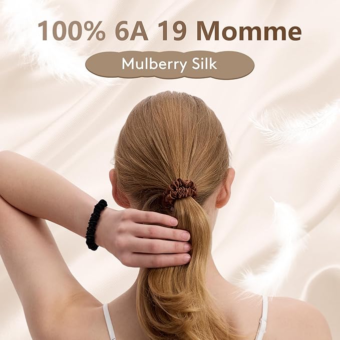4 Pcs Silk Hair Ties, 22 Momme 100% Mulberry Hair Band, Silk Scrunchies for Women and Girls, 6A Grade No Damage Ponytail Holders (0.4in Width, Brown)