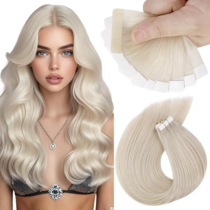 Sunny Hair Tape in Hair Extensions Real Human Hair Invisible Remy Hair Extensions Tape ins for Women White Blonde 14 inch 25G