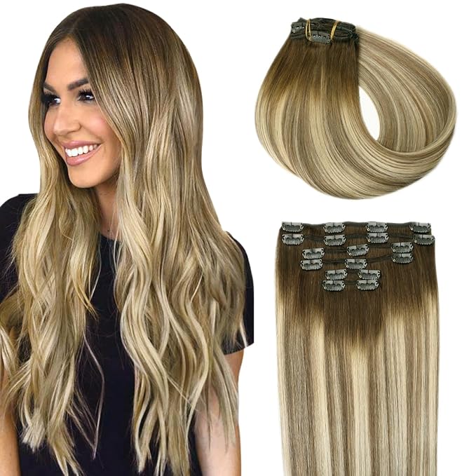 SURNEL Clip in Hair Extensions Human Hair Balayage Walnut Brown to Ash Brown and Golden Blonde Clip in Hair Extensions 14inch 6pcs 100g (#3/8/22,14'')