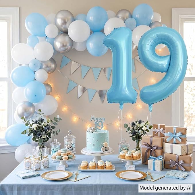 Pearlescent Blue Number 19 Balloon 40 Inch, Giant Light Blue Mylar Foil 19th - Image 6