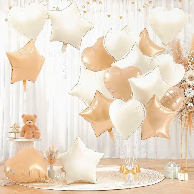 TONIFUL 18 Inch Cream Caramel Star and Heart Foil Balloons by TONIFUL