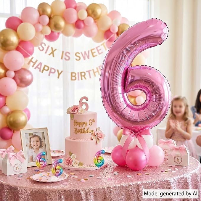 Pink Number 6 Balloon 40 Inch, Shiny Metallic Digit Party Supplies | Radiant - Image 6