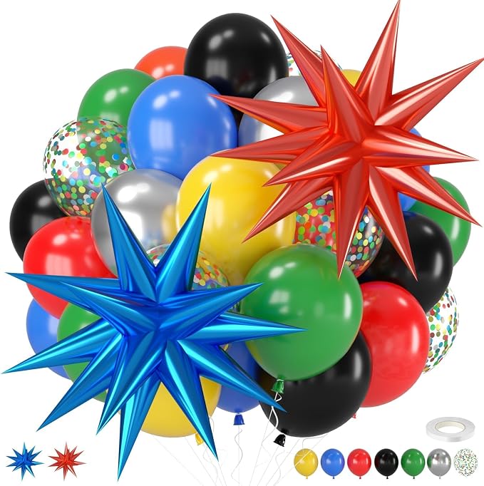 Black and Red Yellow Blue Balloons, 12 Inch Black Red Yellow Blue Green by Saxuxu