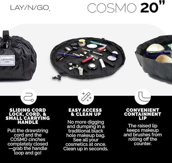 Lay-n-Go Cosmo Layflat Drawstring Cosmetic & Makeup Bag Organizer w/Zipper Pocket, Brush Loops & More, Cinch to Close, Lay Flat to Use, Durable, Machine Wash, Travel Toiletry Bag (22", Leopard)