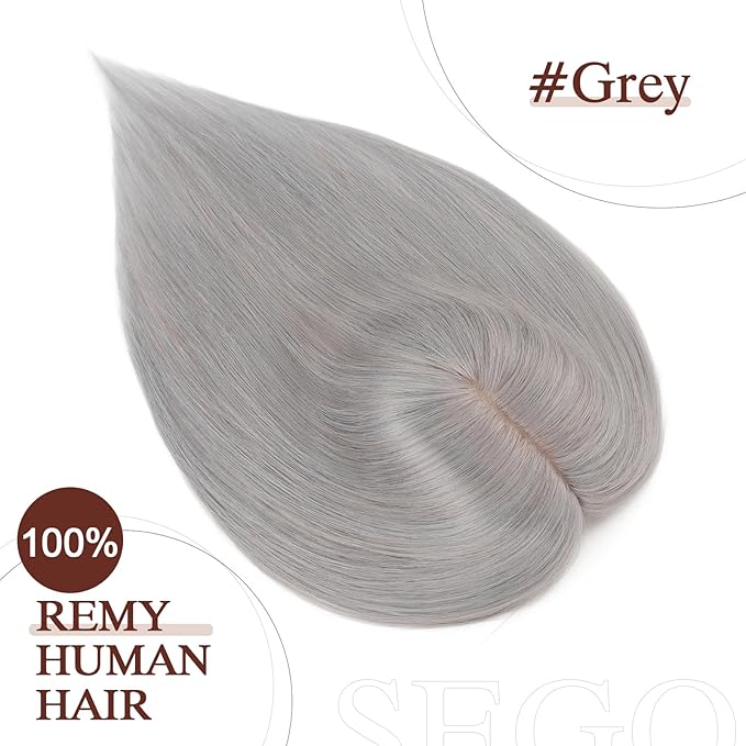 SEGO Hair Topper for Women, No Bangs Real Human Hair Topper with Anti-Slip Clips (10 Inches #Grey)