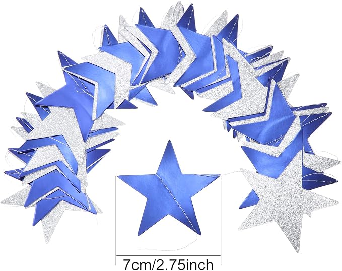 Patelai 130 ft Star Garland Banner Decor, Ocean Blue, Glitter Silver - Image 3
