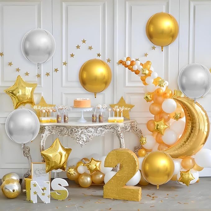 6Pcs Gold Silver Round Foil Balloons, Giant 4D Round Ball Balloons, 22 Inch - Image 4