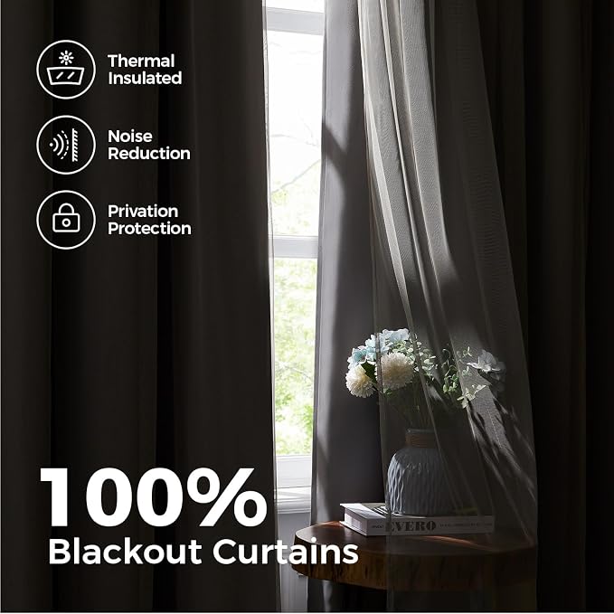 100% Blackout Curtains for Bedroom, Double Layer Grey Curtains, Room Darkening - Image 3