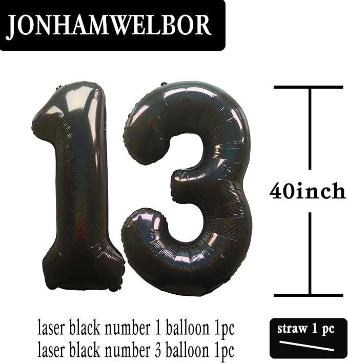 Jonhamwelbor 40 Inch Laser Black 13 Balloon Numbers Foil Mylar Giant Balloon - Image 2
