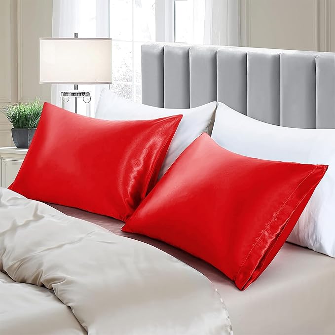 Aormenzy Satin Pillow Cases for Women Queen Size Set of 2, Red Satin Pillowcase for Hair with Envelope Closure Silky Pillow Covers Wrinkle, Fade Resistant (20x30 Inches)
