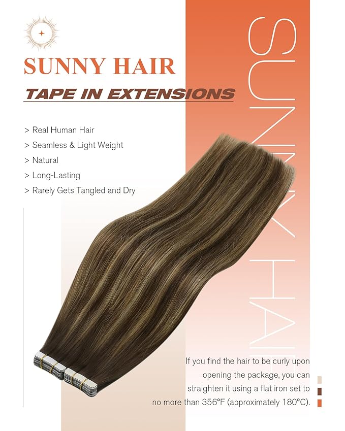 Sunny Hair Tape in Hair Extensions Real Human Hair Invisible Remy Hair Extensions Tape ins for Women Dark Brown Root to Caramel Blonde Balayage 12 inch 20Pcs