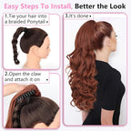 ALXNAN Ponytail Extension,24 Inch Claw Clip in Long Curly Wavy Reddish Orange Ponytail Hair Extension Jaw Clip on Pony Tails Hairpiece for Women