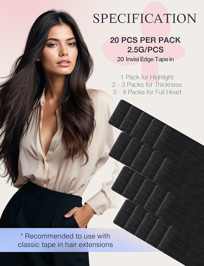DOORES Seamless Human Hair Tape in Extensions Invisi Edge, Jet Black 10 Injection Tape-ins with 10 Injection Tape-ins 50g 20 Inch, Virgin Human Hair Injected Tape in Extensions