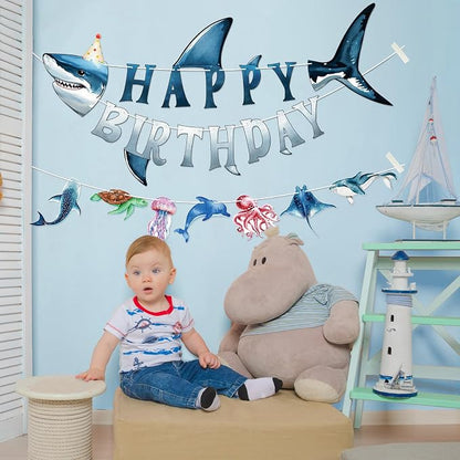 Shark Happy Birthday Banner Shark Garland Ocean Animals Party Decorations - Image 6
