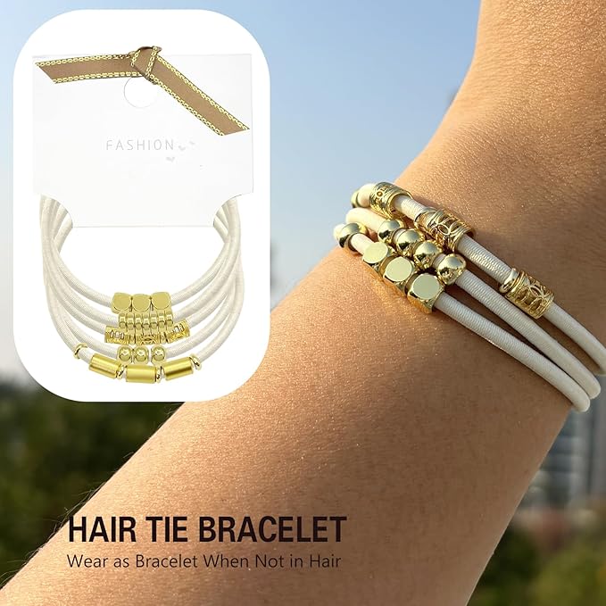 Blonde Bracelet Hair Ties for Women, 5 Pack Cute 3mm Thick Elastic Ponytail Holders Accessories No Damage Stretchy Beaded Pony Tails Hair Ties with Gold Metal Charms Beads
