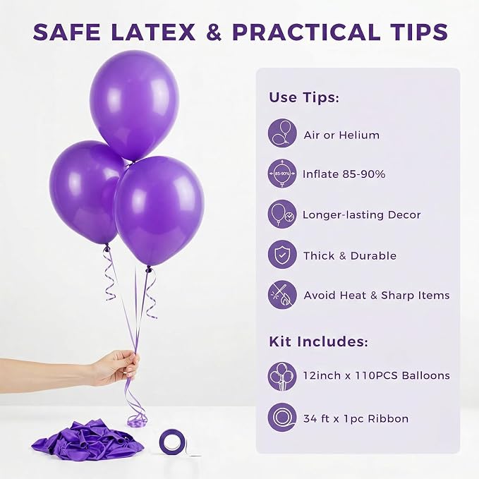 LOVESTOWN 110 PCS Purple Balloons, 12 Inch Bright Purple Latex Balloons | - Image 7