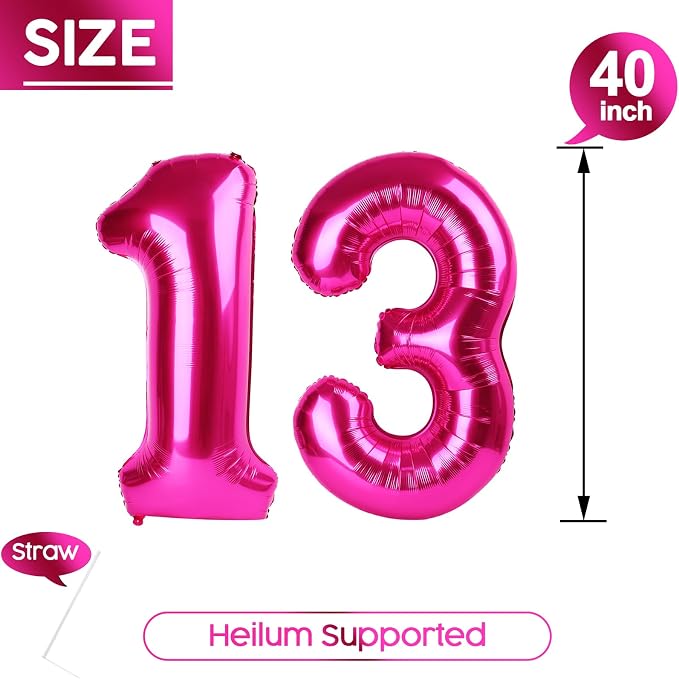 13 Balloon - Hot Pink Birthday Number Balloons, 40 Inch Party Decorations | Hot - Image 5