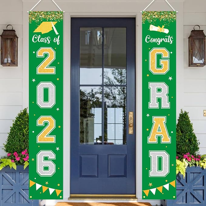 Graduation Decorations 2026 GRAD Banner Green Porch Door Sign Welcome Banner - Image 2