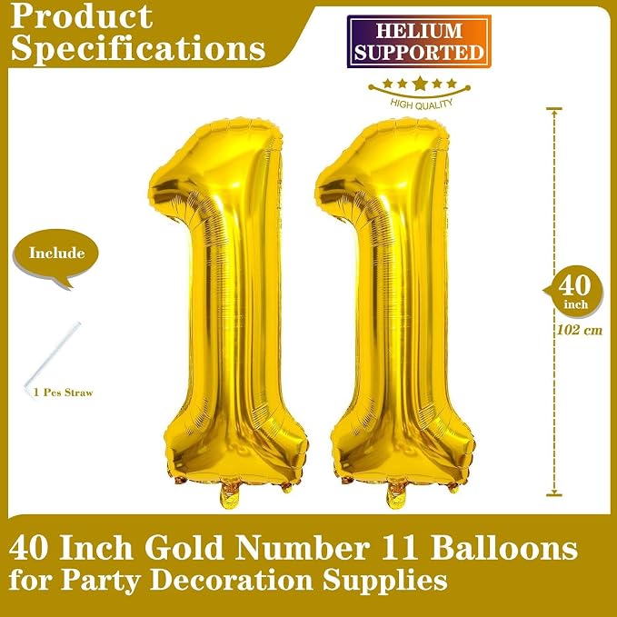 Gold 11 Number Balloons, 40 Inch Giant Number 11 Balloons Foil Mylar Helium - Image 2