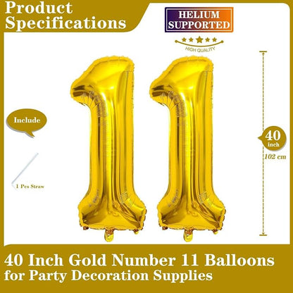 Gold 11 Number Balloons, 40 Inch Giant Number 11 Balloons Foil Mylar Helium - Image 2