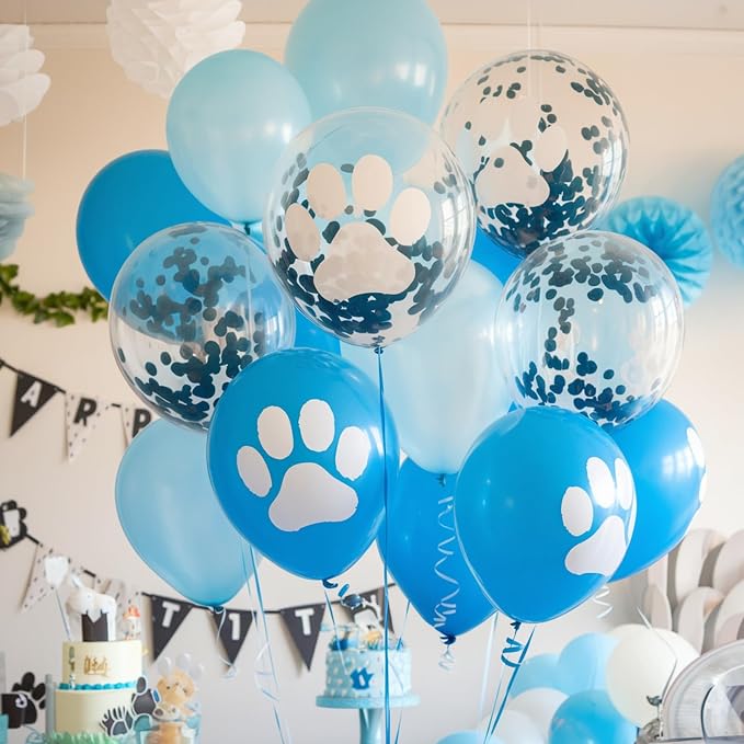 Paw Balloons, 12 Inch Paw Print Navy Blue Light Blue and White Confetti Dog - Image 7