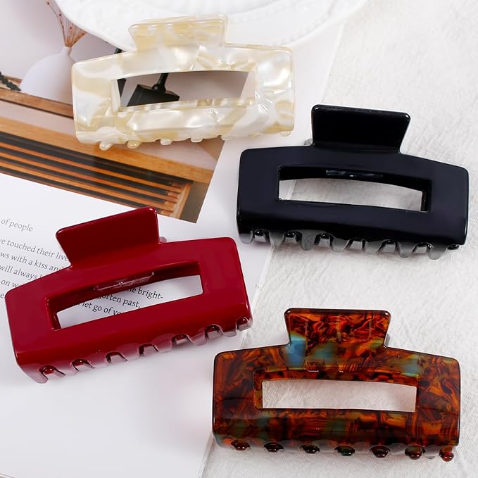 Jayongnee Hair Claw Clips - 4Pcs Medium Clips for Thick or Thin Hair - Square Claw for Women - Rectangle Hair Clips Nonslip Acrylic Hair Accessories for Girls (red,black,cream,amber)