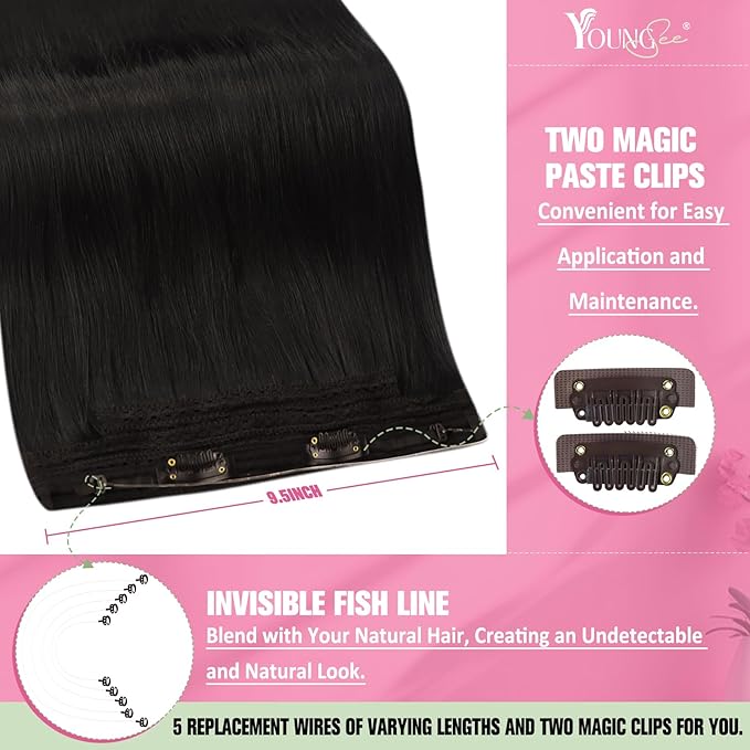 YoungSee Wire Human Hair Extensions Dark Brown Wire Hair Extensions Real Human Hair Straight Human Hair Fish Line Extensions Dark Brown 18Inch 80G