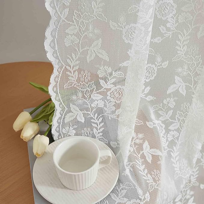 FINECITY Ivory Lace Curtains Rustic Leaf Floral 42 x 84 Inch, 2 Panels | Rod by FINECITY