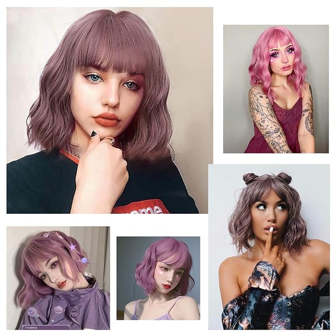 MISSQUEEN Short Wavy Wigs for Women,Synthetic Cute Purple Wavy Wigs with Bangs,14inch Natural Curly Synthetic Women Bob Wig(Purple)