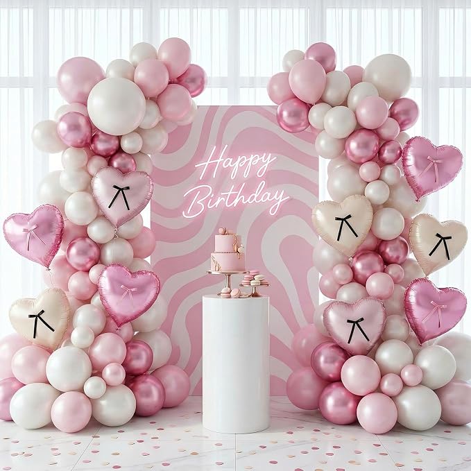 Pink White Heart Balloons with Ribbon Bow, 18 Inch Helium Balloon with Bow Decor - Image 3